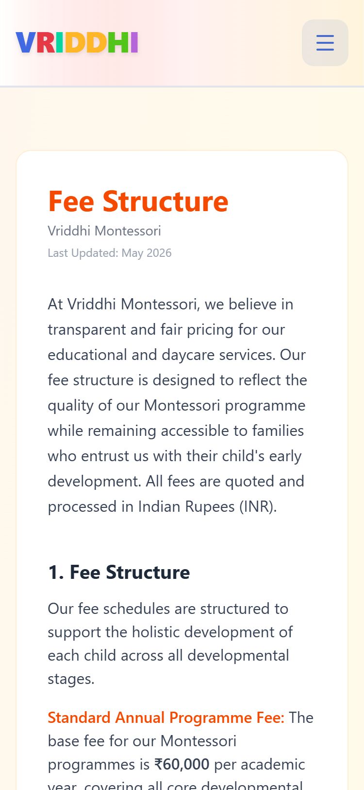 Vriddhi fee structure page on a phone