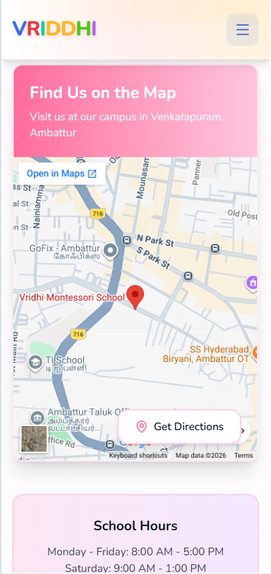 Vriddhi location and school hours on a phone