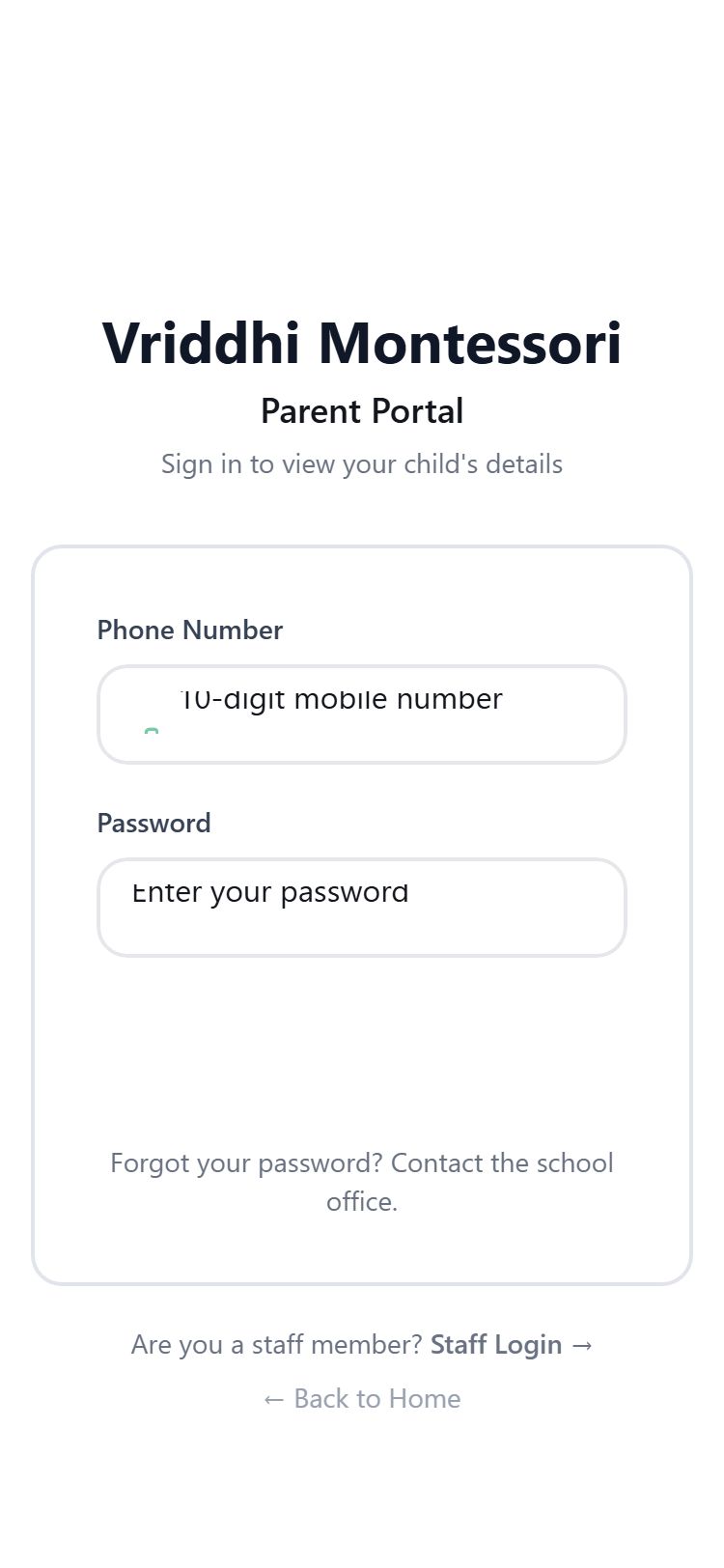 Vriddhi parent portal sign-in on a phone